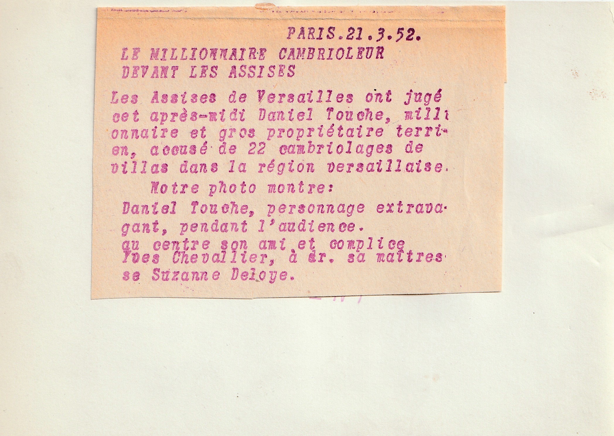 Millionnaire cambrioleur Daniel Touche au tribunal de Versailles 1952 Interpress